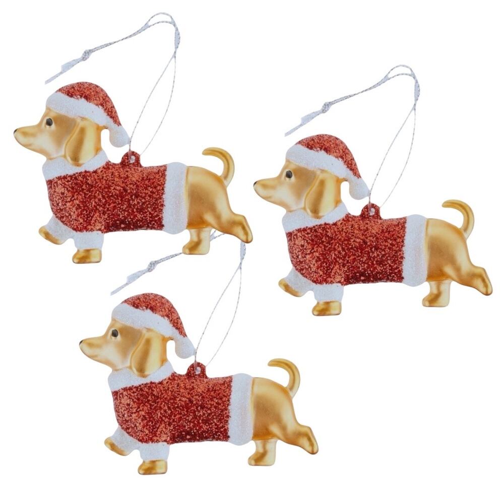 3 Dachshund Christmas Ornaments Mini Tree Red‎ Gold Santa Suit Hat New